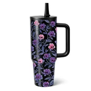 mikenda 40oz Skull Floral Tumbler | Gothic Aesthetic Cup | Stainless Steel Insulated Travel Mug With Handle & Straw | birthday, Drinkware, Flasks