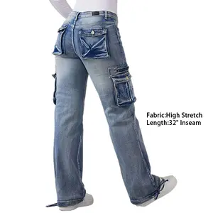 Flamingals 90s Vintage Flap Pocket Low Waist Cargo Jeans with stretch Spandex Denim Baggy Fit Comfortable Fabric Button Womenswear Loose