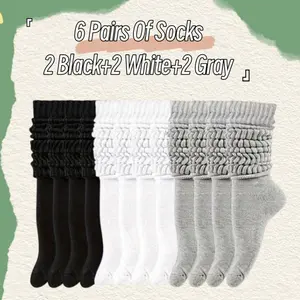 6 Pairs Men Slouch Socks ,Solid Color Long  Knit Knee Thick Scrunch Crew  Socks One Size（2 Black+2 White+2 Gray）