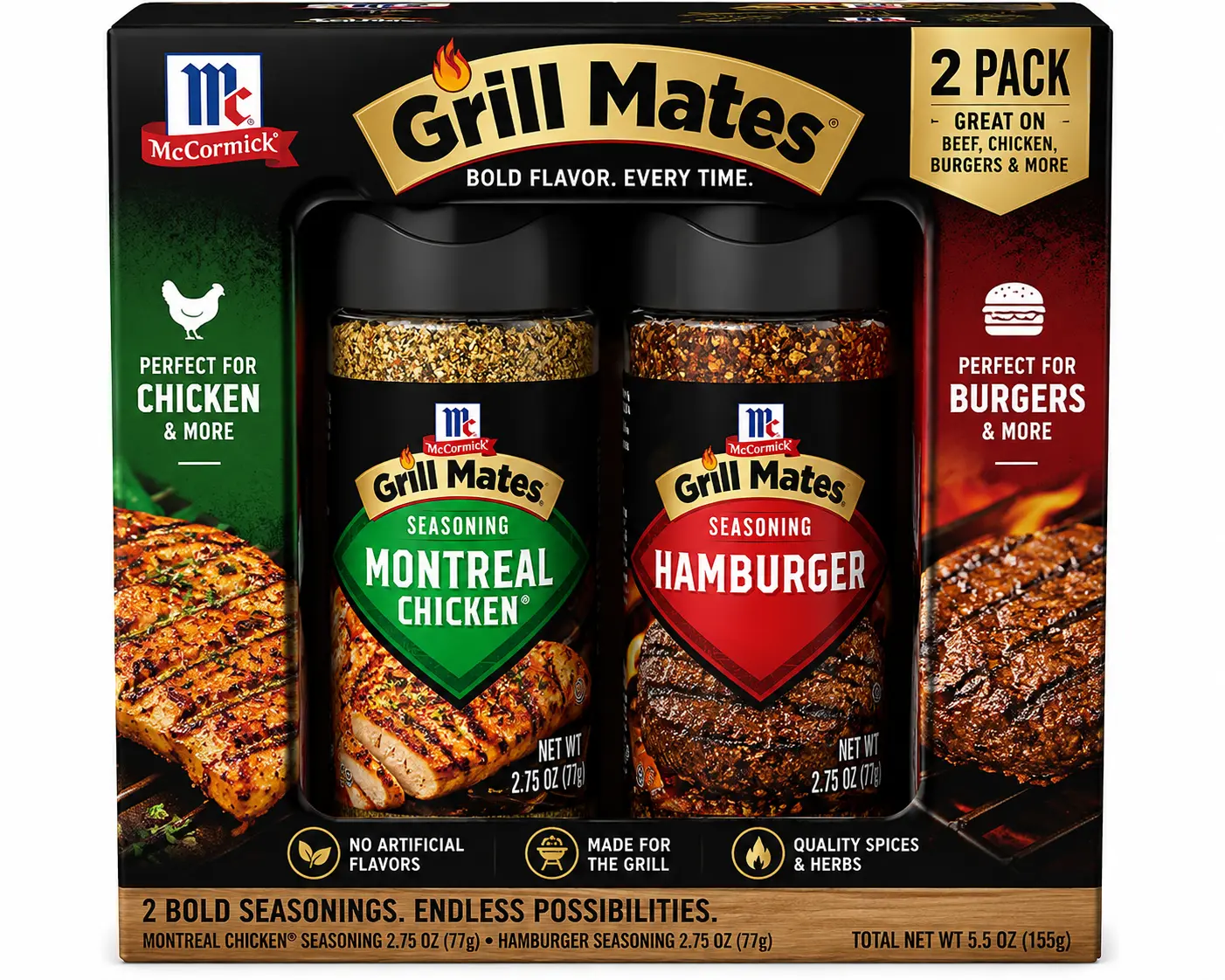 Grill Seasoning Variety Pack – Montreal Chicken & Hamburger Blends, 2.75 oz + 2.75 oz Bottles, All-Purpose BBQ Spice Set for Chicken, Burgers, Beef & More