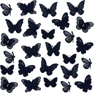 30 PCS Double Layers Lace Butterfly Applique Embroidery Butterfly Sew Iron On Patch, Organza Patches Butterfly Applique for Wedding Bridal Dress Sewing Craft DIY Clothes Hair Ornaments etc (Black)