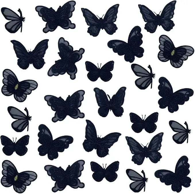 30 PCS Double Layers Lace Butterfly Applique Embroidery Butterfly Sew Iron On Patch, Organza Patches Butterfly Applique for Wedding Bridal Dress Sewing Craft DIY Clothes Hair Ornaments etc (Black)