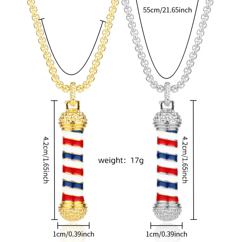 Vintage Barbershop Pole Pendant Necklace - Unisex Hip Hop Costume Jewelry with Compact Cuban Link Chain