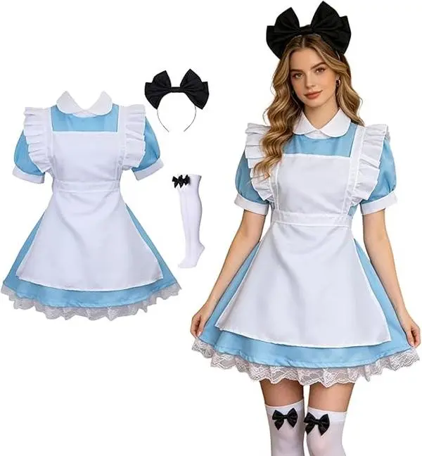 Women's Comfortable Polyester Fabric Comic Anime Maid Costume Set - Blue Collared Fitted French Maid Dress with Headband, Apron, White Stockings, Wrinkle Resistant Lace, Ruffled Skirt for Halloween Role Play, Ideal for Anime Cosplayers