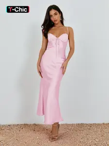 Lace Patchwork Bustier Slim Bodycon Spaghetti Strap Sleeveless Dress, Elegant Chic Women's Formal Wear Summer Fashion, Perfect for Parties and Special Occasions