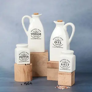 Ceramic Oil Vinegar Salt Pepper Bottles Set - Rustic Style Spice Containers for Kitchen Dining Table Home Decor Ideal for Gifting and Decoration