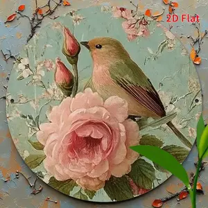 Vintage Iron Round Tin Sign, Vintage Metal Sign, Bird & Flower Design, Rustic Home Decor, Garden Decoration, Office Wall Art, 8x8 Inch, Perfect Holiday Gift