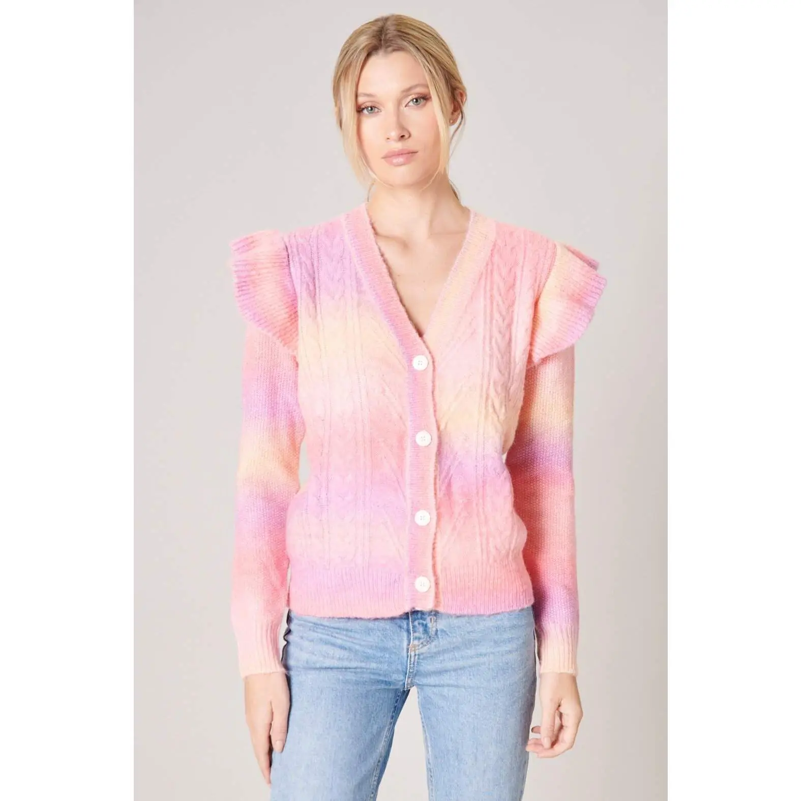 Cotton Candy Skies Ruffle Cable Knit Cardigan
