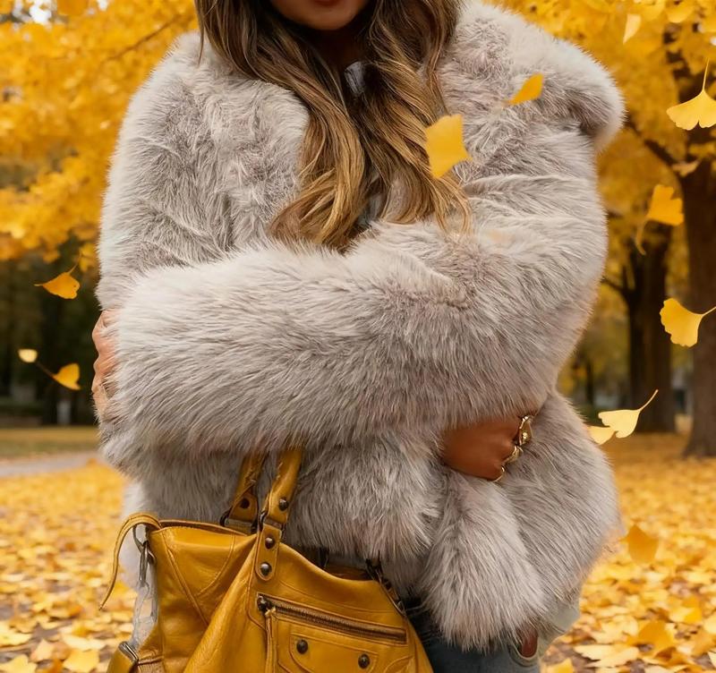 Casual Women’s Faux Fur Hooded Jacket, Short Style, Suitable for Autumn and Winter, Medium Fabric Thickness, Slim Fit, Women’s Coats, Long Sleeve, Open Front Blazer, Gwendolyn Trenchcoat, Oversized Ribbed Batwing Tunic Sweater, Trench Coats