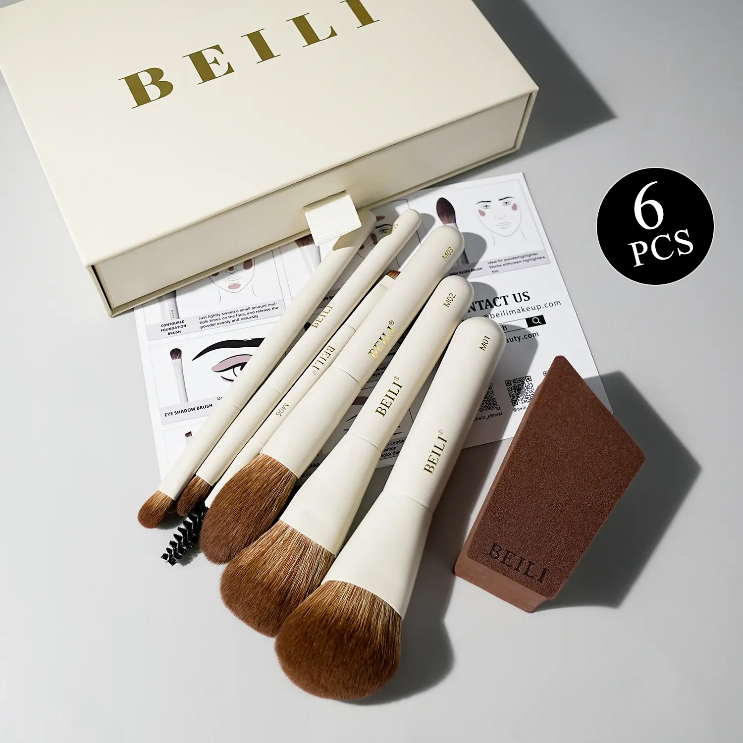 BEILI 7pcs Makeup Brushes Set, Mini Travel Kit with Soft Nylon Bristles for Powder & Cream, Includes Sponge & Gift Box, Creamy White for Beginners, Beauty Brush Set, Cosmetics Brushes Set