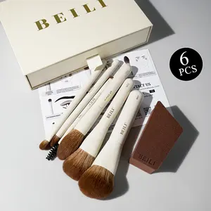 BEILI Creamy White Mini Makeup Brush Set - 7pcs Aesthetic Travel Kit with Sponge - Premium Soft Nylon Bristles - High Resilience & Durable for Beginners - Cute Gift Box
