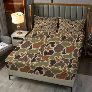 3Pcs Duck Camo Fitted Sheet Set, No Fillers Bedding Set, Hunting Camouflage Bed Sheet Set, Deep Pocket Duck Hunting Print Bed Sheet with Pillowcases, Soft All-Season Bedding for Hunting Lovers