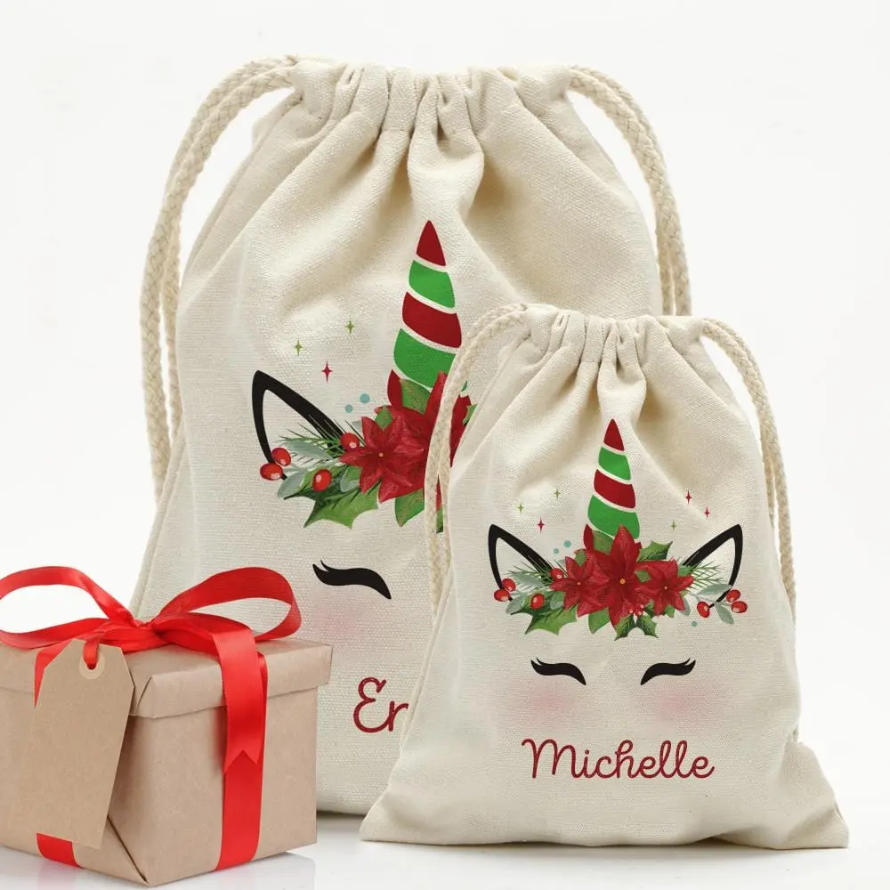 Custom Christmas Poinsettia Unicorn Drawstring Sack for Kids | Personalized Santa Bag