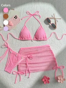 women's three piece vacation casual bikini set, fishing net camisole collar tied swim top, Triangle bikini top, matching swim bottoms, transparent mesh skirt cover, suitable for beach vacation, summer leisure