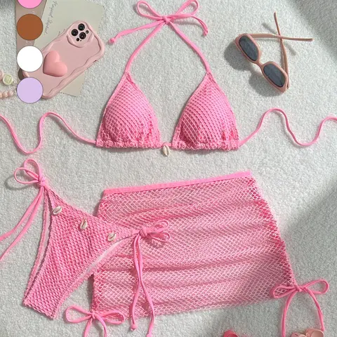 Women's Three-Piece Casual Vacation Bikini Set, Fishnet Halter Swim Top, Triangle Bikini Top, Matching Swim Bottoms and Mesh Skirt Cover-Up, Swimsuits, Bikini Outfits, Swimwear Sets, Suitable for Beach Vacations and Summer Leisure