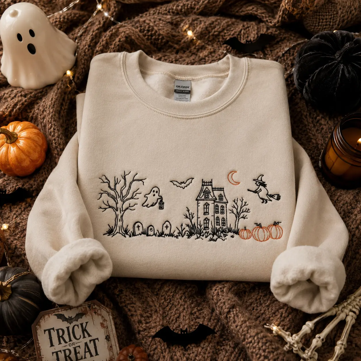 Halloween Haunted House Embroidered Sweatshirt, Forest Green Gildan Crewneck, Spooky Ghost Pumpkin Witch Shirt, Cozy Fall Autumn Sweatshirt, Halloween Gift