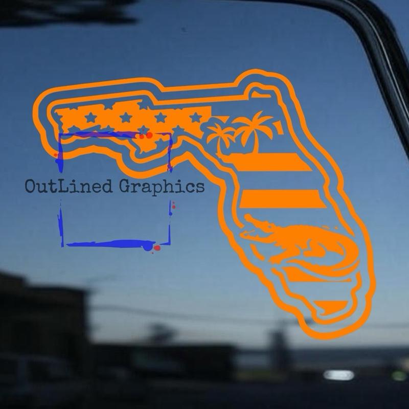 Florida inspired Gators Decal with Palm Trees- Window Decal for Truck - Chevy Truck Decal - Rear truck window - Ford decal - Dodge Decal- Florida Decal-Multiple Colors- Gift for Him - Gift for Her - Decals for trucks