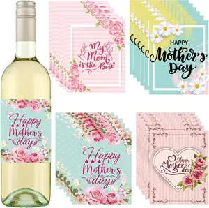 24 Pieces Mother's Day Wine Label Bottle Stickers, Champagne Bottle Flower Design Decorative Stickers for Happy Mother's Day Party Favor Decoration Supplies