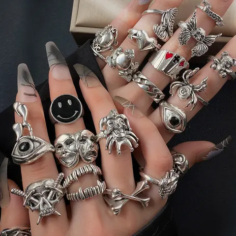 24-Piece Vintage Punk Stacking Ring Set with Skull, Eye and Mask Design, Unisex Bold Dark Alloy Statement Rings, Unique Gothic Style, Men's and Women's Jewelry, Stackable Rings, Dark Aesthetic Rings