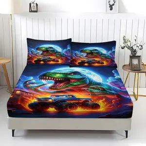 Jurassic Dinosaur and Truck Printed Bed Sheet, Fitted Sheet, Dinosaur Theme, Vibrant Print, including 1 duvet cover and 2 pillowcases, available in double/full-size/queen/king sizes, including 1 bed sheet and 2 pillowcases, Easy Care