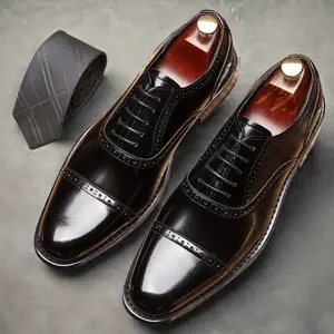 Men's Black PU Leather Brogue Cap Toe Oxford Dress Shoes - Lace-Up, Perforated Detailing, Durable Rubber Sole, for Business Casual, Weddings, Office Occasions