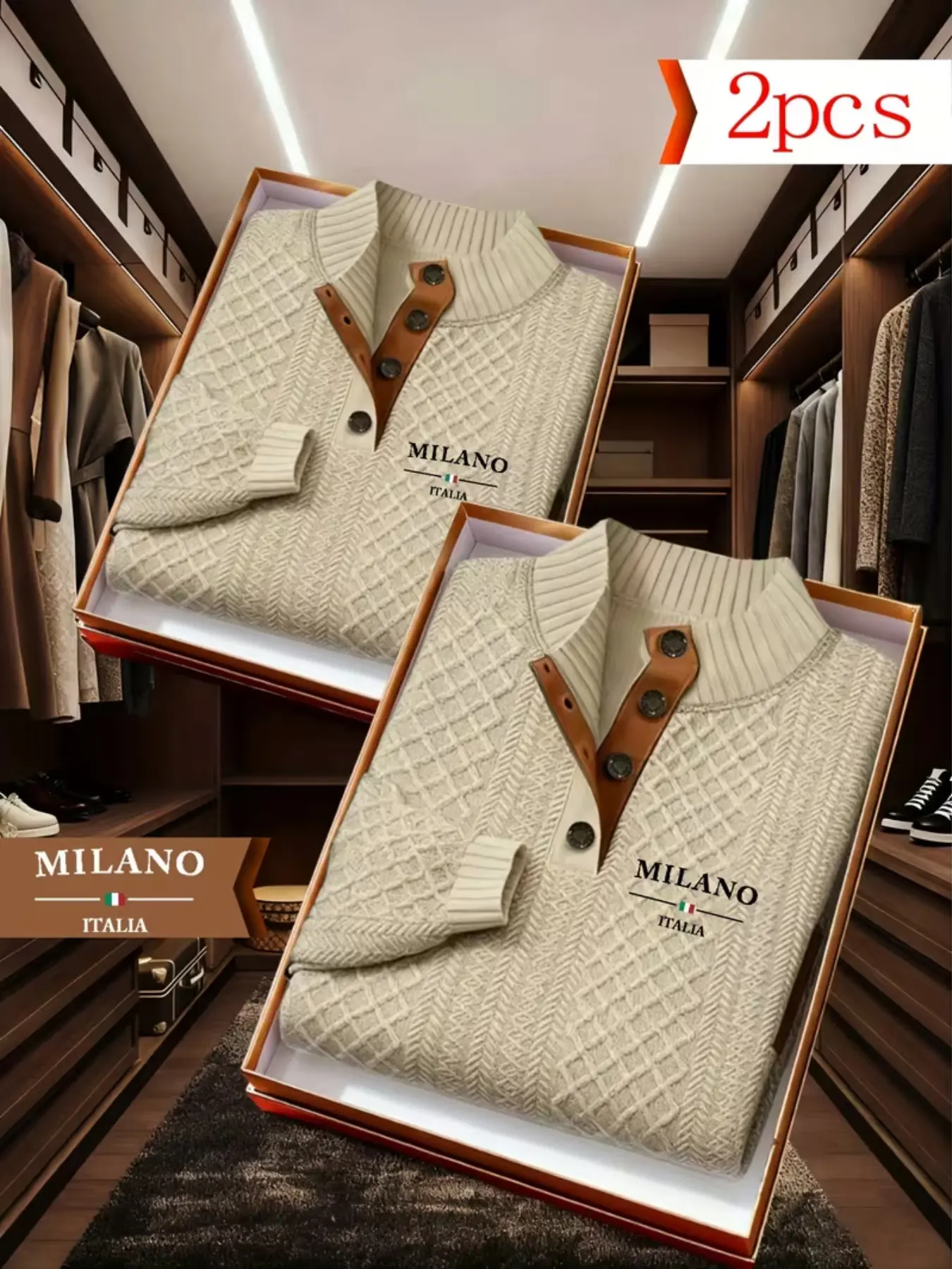 Men's Fall Winter Letter Print Stand Collar Knit Sweater, Soft Skin-Friendly Fabric, Warm and Not Bulky, 2 Pack, Perfect Gift