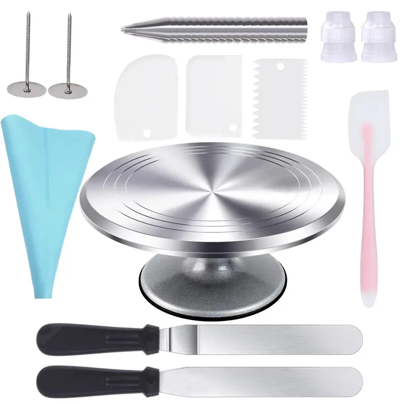 Uten 12-In Aluminum 360° Rotation Cake Turntable Boxed Set (33-Piece Complete Kit for Bakers & Pros), Aluminum Alloy Frame, 20 Icing Tips, Bags, 3 Smoothers, Straight-Offset Spatulas, Silicone Spatula, 360° Rotation Keeps Decorating Calm