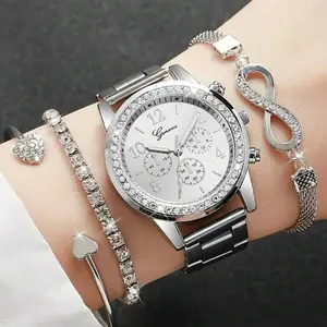 4Pcs Lady's Silver Stainless Steel Strap Fashion Leisure Classic Arabic Numeral Scale Dial Women's Quartz Watch Bracelet Jewelry Set for Daily Wear Gift