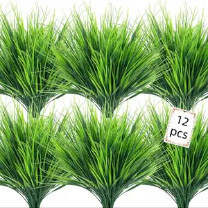 12 Bundles Artificial Plants Outdoors Fake Wheat Grass Faux Greenery Stems Plastic Shrubs UV Resistant for Patio Garden Porch Window Box Spring Decorative Home Decor, Green
