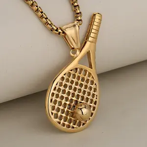 Creative Tennis Racket Pendant Necklace Stainless Steel Hip Hop Sporty Jewelry