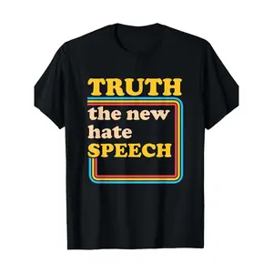 Men'S Vintage Political Statement T-Shirt - "Truth The New Hate Speech" Bold Slogan Print - Heavyweight 220gsm 100% Regular Fit Black Tee with White & Yellow Lettering - Breathable All-Season Casual Shirt for Casual Attire