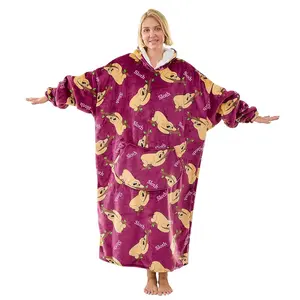 Oversized Wearable Blanket Hoodie, Cozy Warm Soft Fluffy Sweatshirt Giant Pocket Extra Long Sleeve Plushie Roomy Hoodie Blanket Winter Christmas Gift Idea Unisex Lovely Pattern Sherpa lining Pullover
