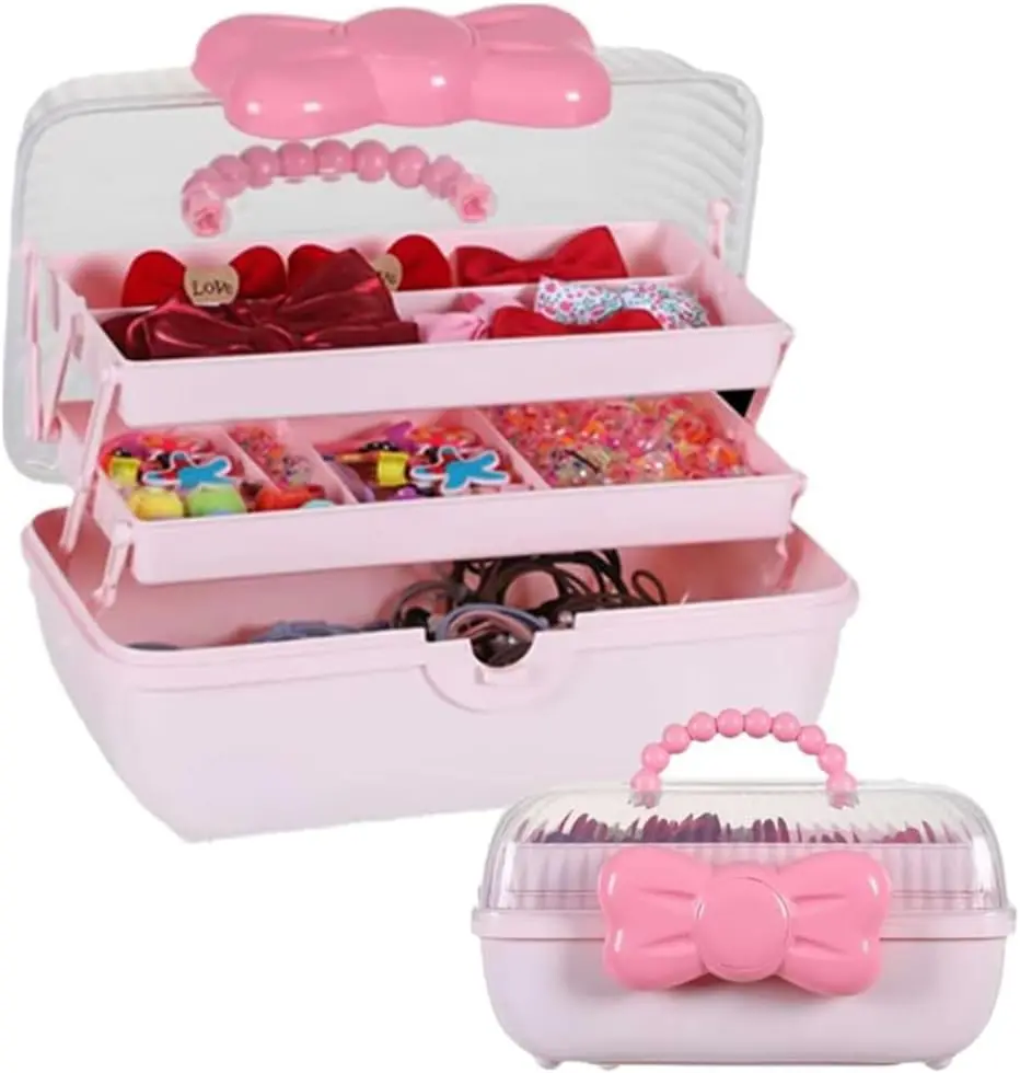 Hair Accessories Organizer for Girls Headbands, Clips, Ties | Baby Girl Supplies, Lockable Three-layer Folding Craft Organizers and Storage Plastic Jewelry Box,10.8 * 5.9 * 5.7in