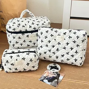 Bow Bubble Quilted Makeup Bag 3-Piece Set – Large Capacity Travel Toiletry Storage Bags, Girly Instagram Style