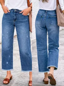 Women's Mid-Waist Dark Blue Washed Ripped Straight Leg Jeans, Frayed Hem Capri Pants, Casual Fashion Long Jeans for Everyday Wear