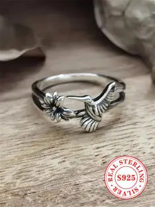 925 Sterling Silver 925 Sterling Silver Cute Bird Design Ring, Wedding Engagement Anniversary Jewelry for Party, Daily Clothing Decor, for Birthday Gift Hummingbird Ring
