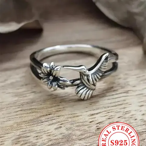 925 Sterling Silver 925 Sterling Silver Cute Bird Design Ring, Unique Rings, Wedding Engagement Anniversary Jewelry for Party, Daily Clothing Decor, for Birthday Gift Hummingbird Ring