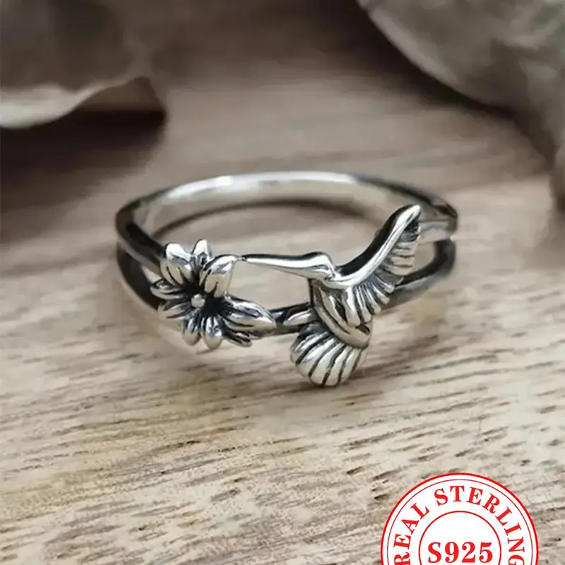 925 Sterling Silver 925 Sterling Silver Cute Bird Design Ring, Unique Rings, Wedding Engagement Anniversary Jewelry for Party, Daily Clothing Decor, for Birthday Gift Hummingbird Ring