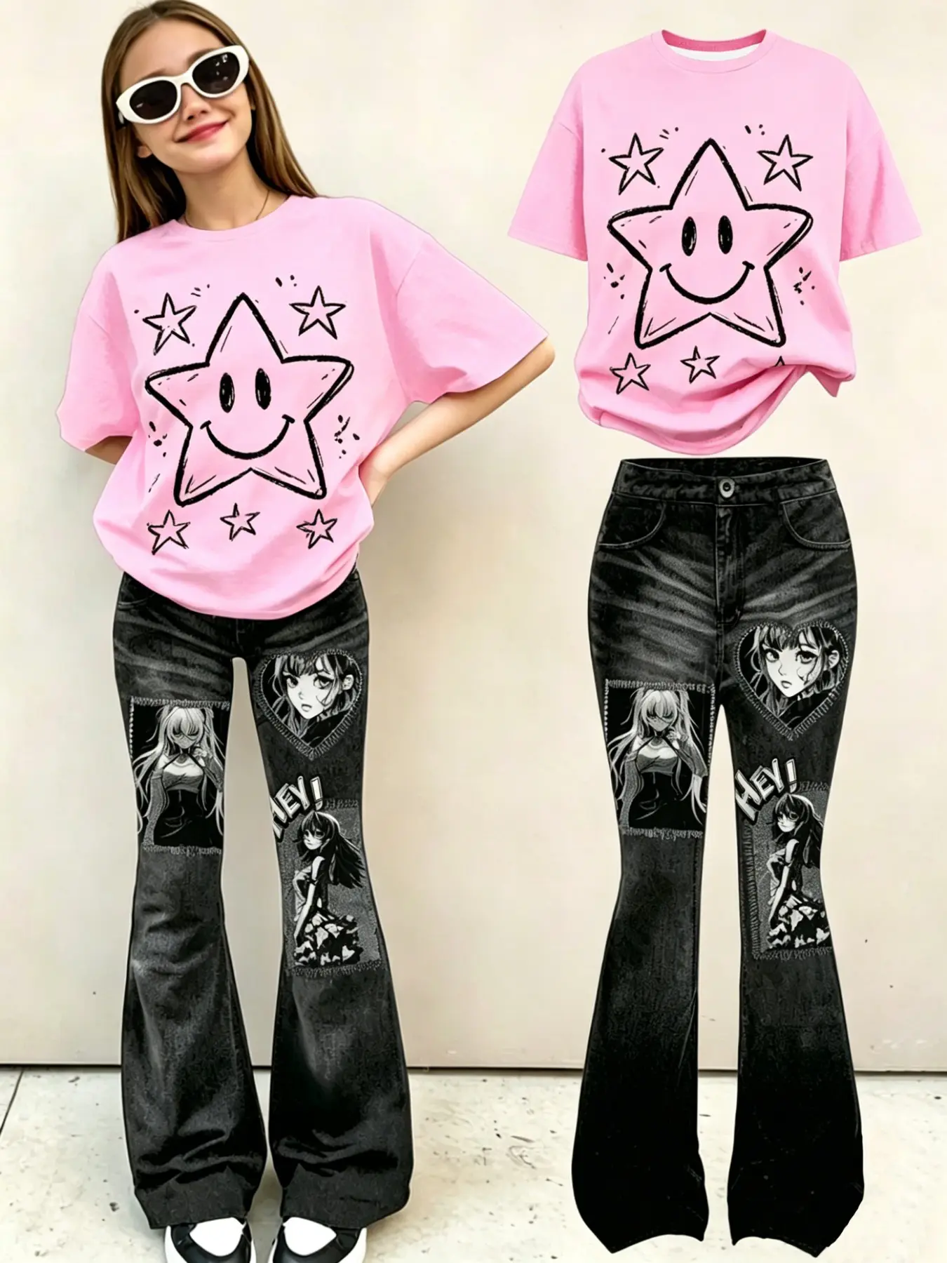 Girls Y2K Sweet Cool Star Print T-Shirt + Anime Patch Bell Bottom Pants Set, Summer Outfits Set, Millennial Streetwear for Ages 4-12