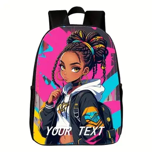Customizable Streetwear Girl Art Print Backpack Durable 600D Oxford Cloth School Bag Adjustable Breathable Strap Large Capacity Fits 15in Laptop for Kids Teens School Travel Outdoor Use