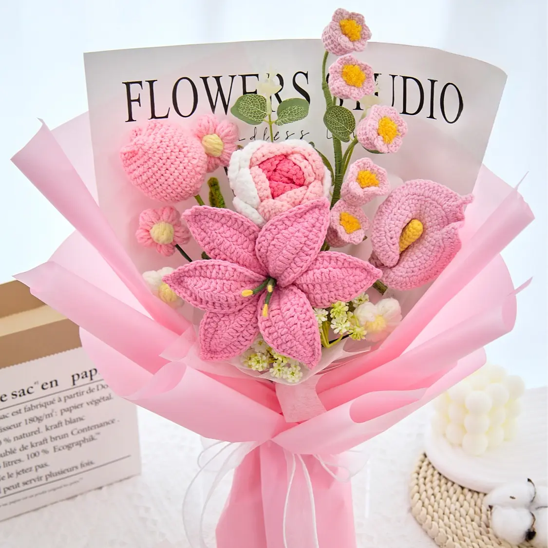 Handmade Crochet Flowers Bouquet Gift for Girlfriend Birthday Wedding Anniversary Just Because Graduation Gift with Rose Tulip Lily of the Valley Cala Lily Forever Flowers for Her with Greeting Card US Fast Shipping Home Decor Women's Gift