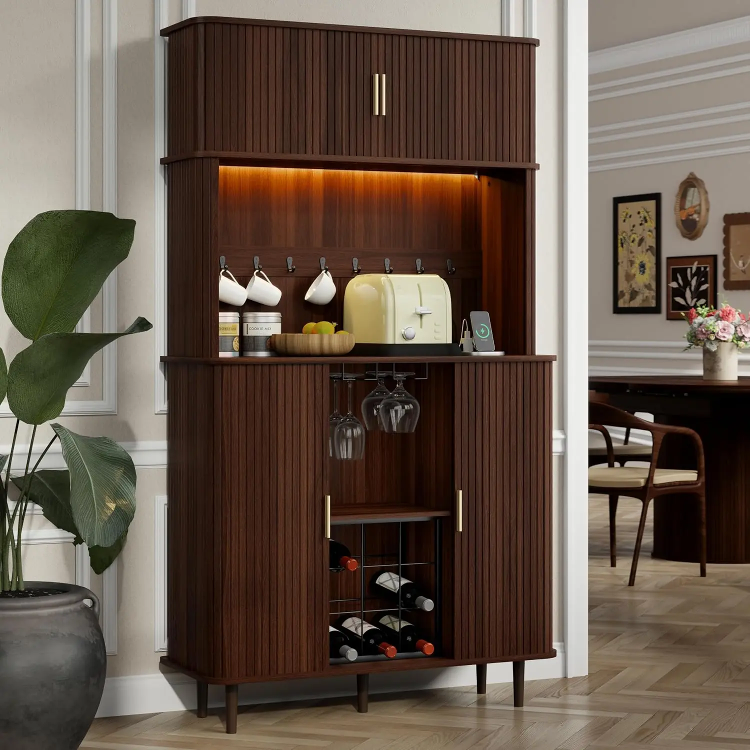 【Coffee Bar Cabinet】DHH 70.9" Tall Kitchen Hutch with Power Outlet, RGB LED Lights, Wine Rack, Glass Holders and Fluted Tambour Doors