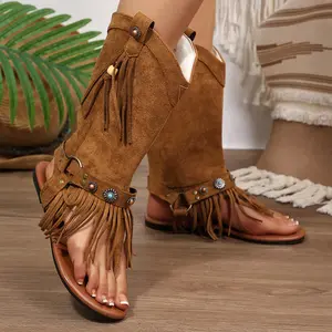 Women's Bohemian Tassel Gladiator Sandals Brown Suede Thong Flip Flops for Fringe Summer Sandal with Rivets Western Shoes