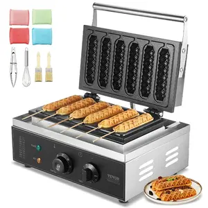 VEVOR Commercial Waffle Stick Maker, 6PCS 1500W Waffle Baker Machine, Non - Stick Stainless Steel Corn Hot Dog Waffle Iron with Temp and Time Control, Handle, for Restaurant Bakery Snack Bar FamilyHoliday gifts