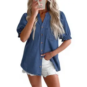 Dokotoo Women Denim Shirt Button Down Casual Short Sleeve V Neck Blouse Summer Tops
