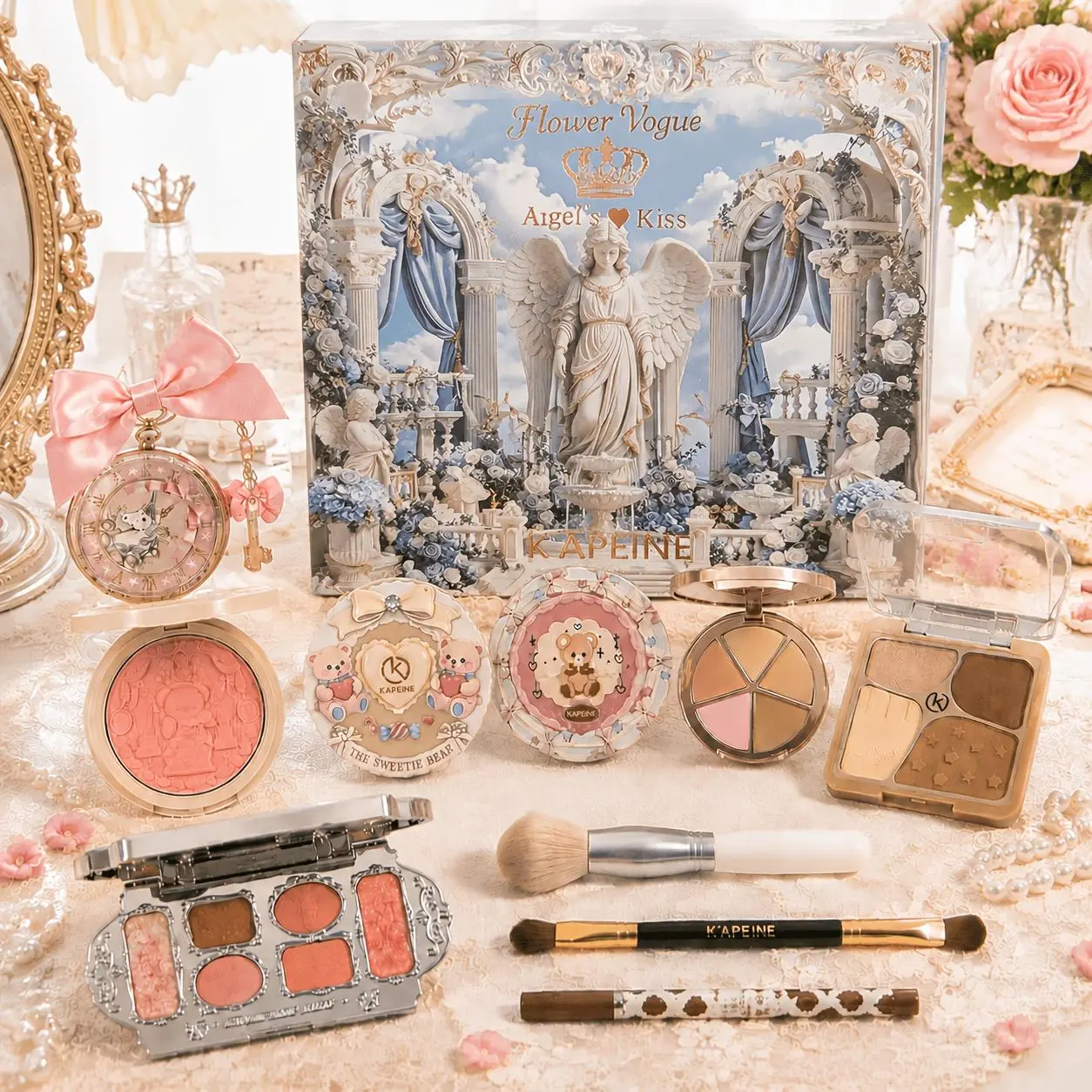 K'APEINE 8pcs Luxury Makeup Kit for Women Girls, Vintage Princess Cosmetic Gift Set Includes Eyeshadow Palette, Blush, Highlighter, Contour Palette, Lip Balm, Makeup Brushes, And Beauty Additions
