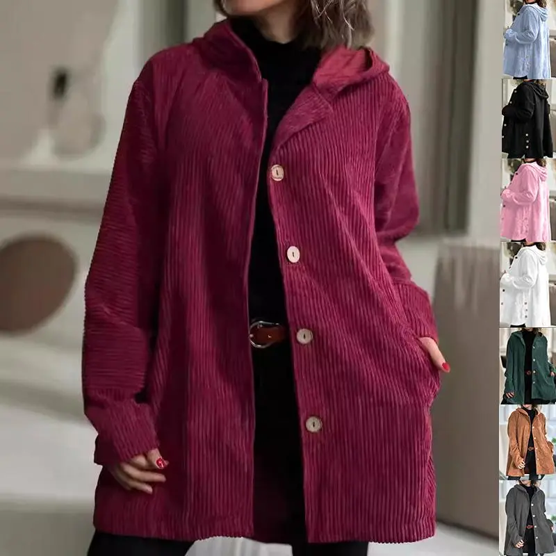 Women's Corduroy Hooded Jacket Button Front Long Shacket Pockets Oversized Fall Winter