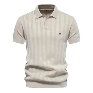 BIGWIG Men's Knitted Polo Shirt, Short-Sleeve Retro Striped Shirt, Slim Fit Classic Solid Color, Button-Down Collar Golf Shirt, Men's Spring/Autumn Henley Shirt, Lapel Knitted Top T-shirt