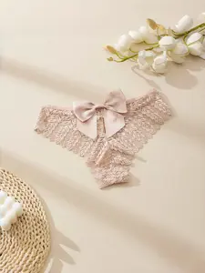 Sexy Bowknot Peach Butt Lace Thong Panties, Breathable Hollow Out Comfortable Fitted Mid Waist Women's Underwear, Single Piece