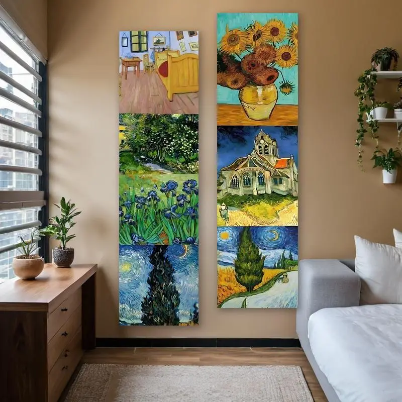 Van Gogh Inspired Vertical Tapestry, Sunflowers & Starry Night & Irises Iconic Paintings Long Narrow Banner Tapestry, Wall Hanging Classics Aesthetic Art Tapestries for Bedroom